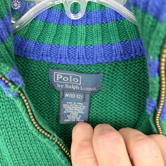 Polo Ralph Lauren Green Blue Big Pony Logo Quarter Zip Sweater Sz M Kids - Picture 3 of 6